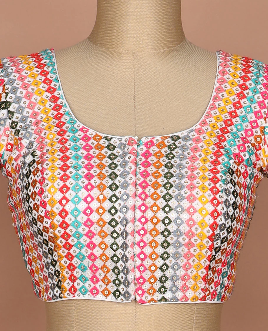 Kaleidoscopic colored thread and sequins embroidered round neck elbow sleeve raw silk readymade blouse - Image 3