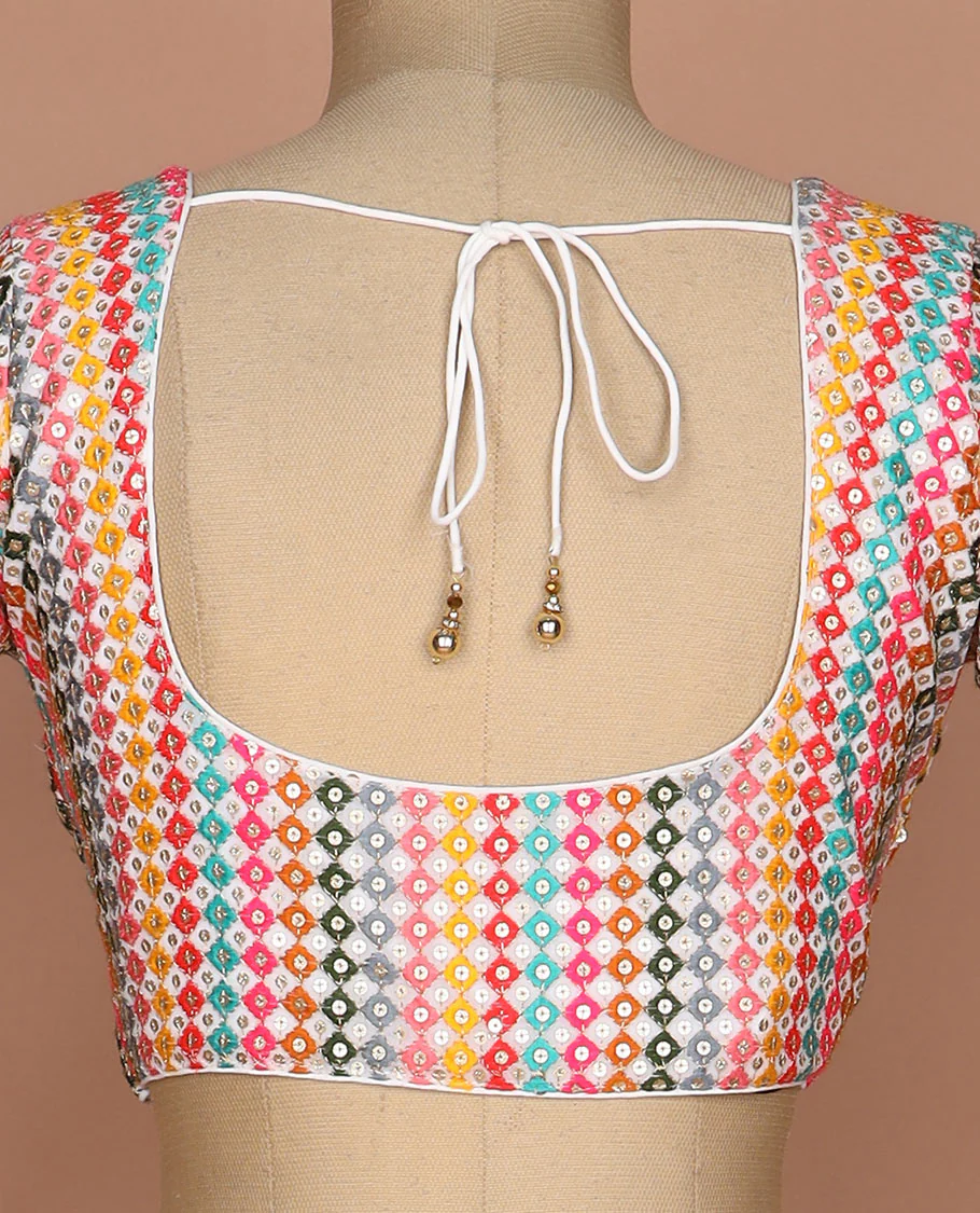 Kaleidoscopic colored thread and sequins embroidered round neck elbow sleeve raw silk readymade blouse - Image 4