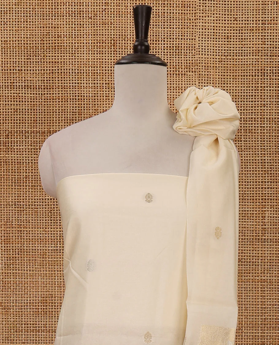 Kerala cream chudidar material, zari buttas & rose-like flowers woven taffeta silk top, plain santoon bottom & zari designs dupatta - Image 3