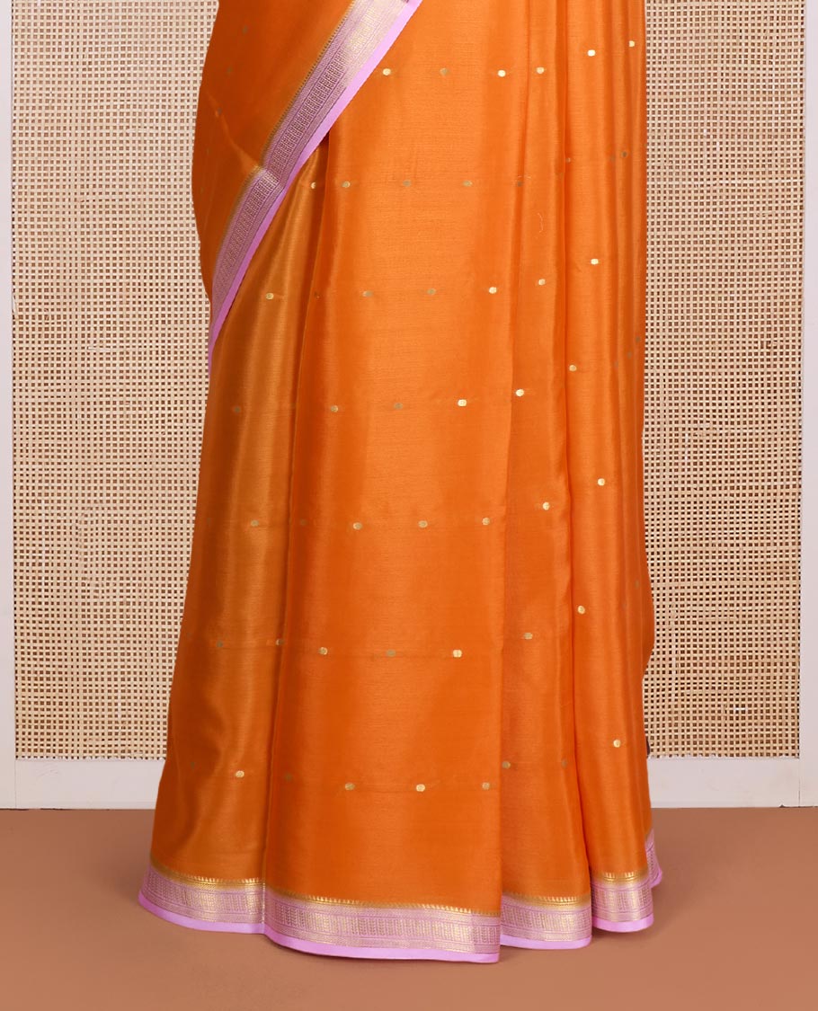 Kesari orange zari buttas Mysore silk saree, contrast traditional zari design border, and zari striped pallu - Image 4