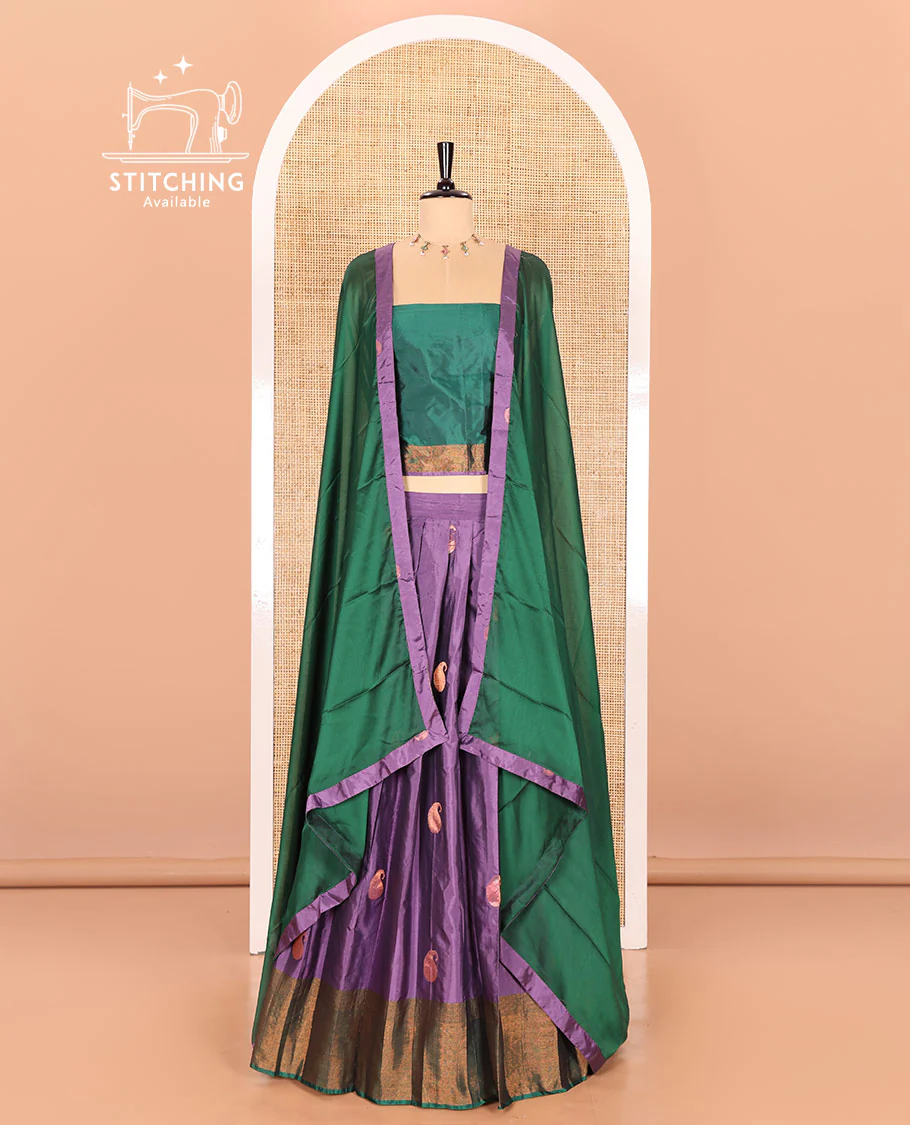 Lavender and green half-saree with paisley buttas with contrast traditional bordered taffeta silk skirt, a matching blouse, and a contrast bordered syska georgette dhavani - Image 2
