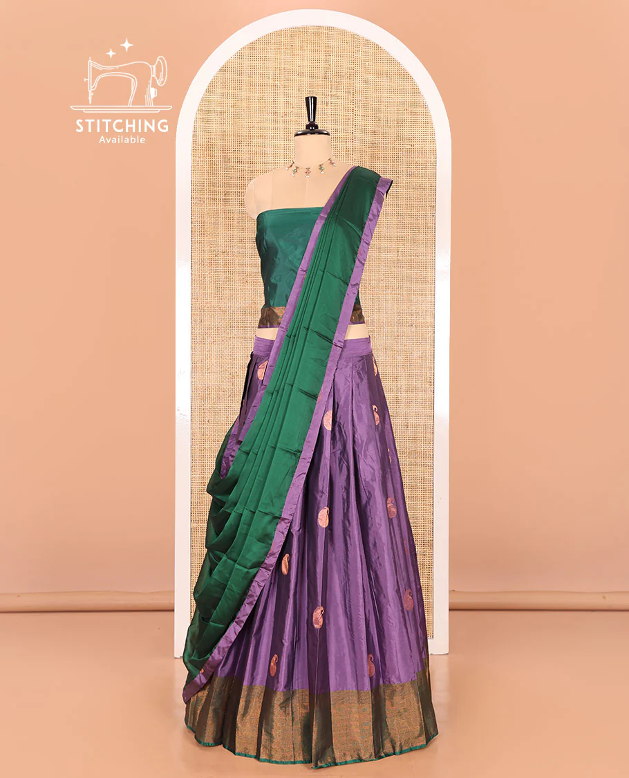 Lavender and green half-saree with paisley buttas with contrast traditional bordered taffeta silk skirt, a matching blouse, and a contrast bordered syska georgette dhavani - Image 3