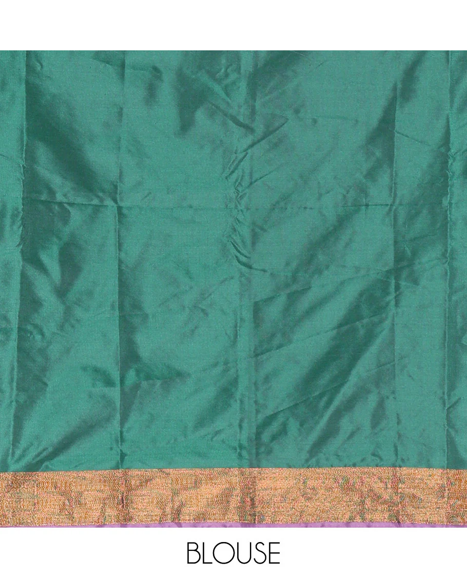 Lavender and green half-saree with paisley buttas with contrast traditional bordered taffeta silk skirt, a matching blouse, and a contrast bordered syska georgette dhavani - Image 4