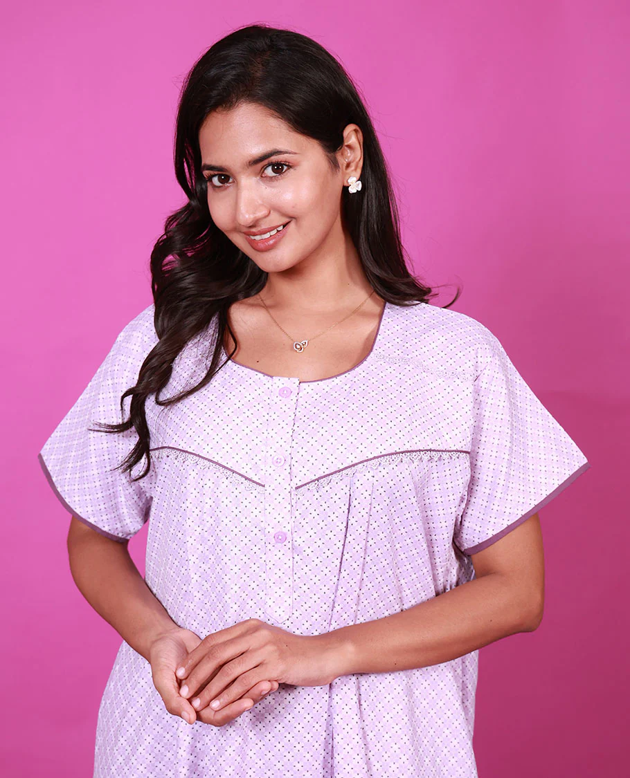Lavender argyle printed round neck lace work half-sleeve cotton nighty - Image 2