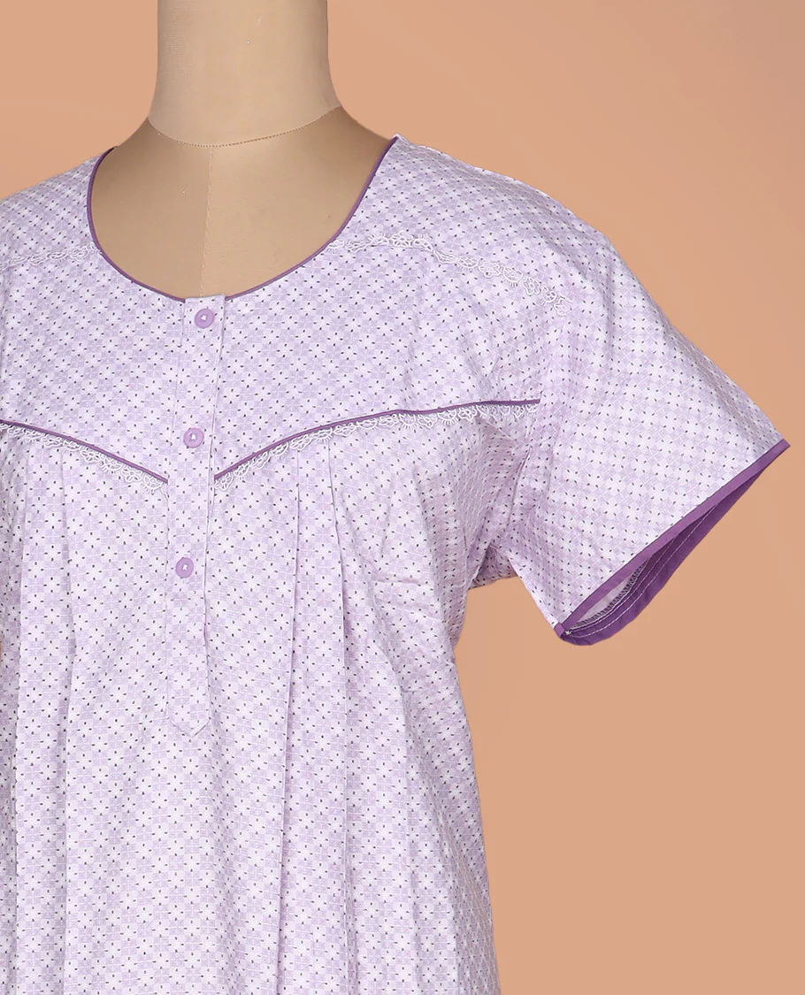 Lavender argyle printed round neck lace work half-sleeve cotton nighty - Image 3