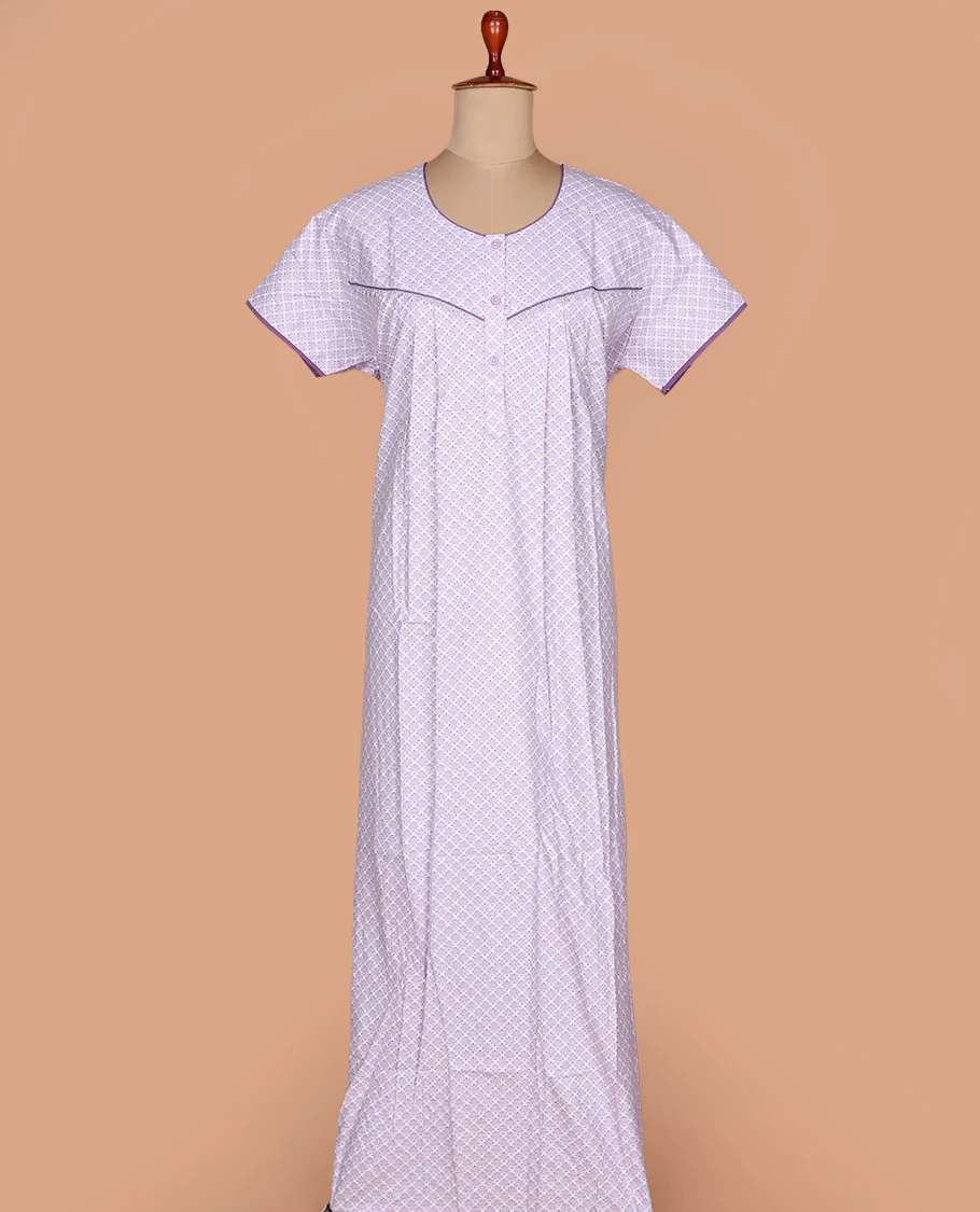 Lavender argyle printed round neck lace work half-sleeve cotton nighty - Image 4