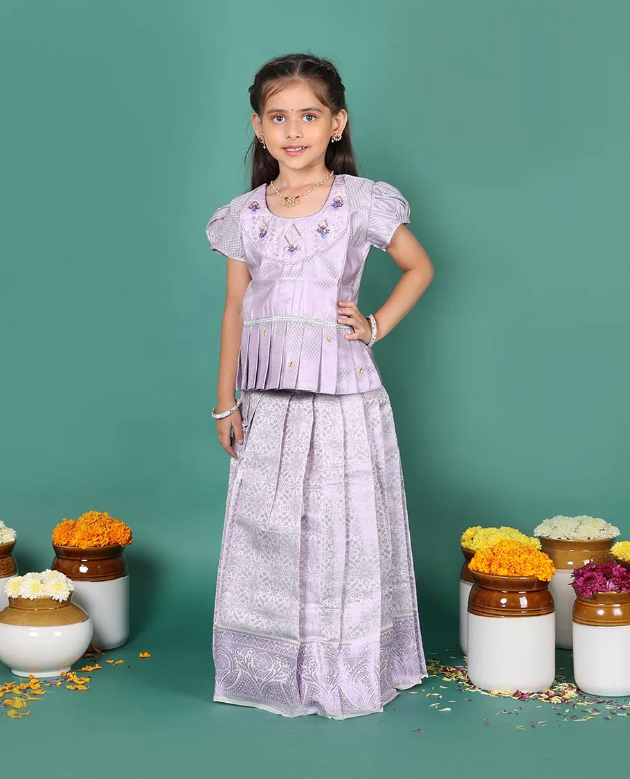 Lavender art silk readymade pavadai set, jacquard with traditional zari border skirt, and jacquard embroidered puff-sleeve blouse - Image 3