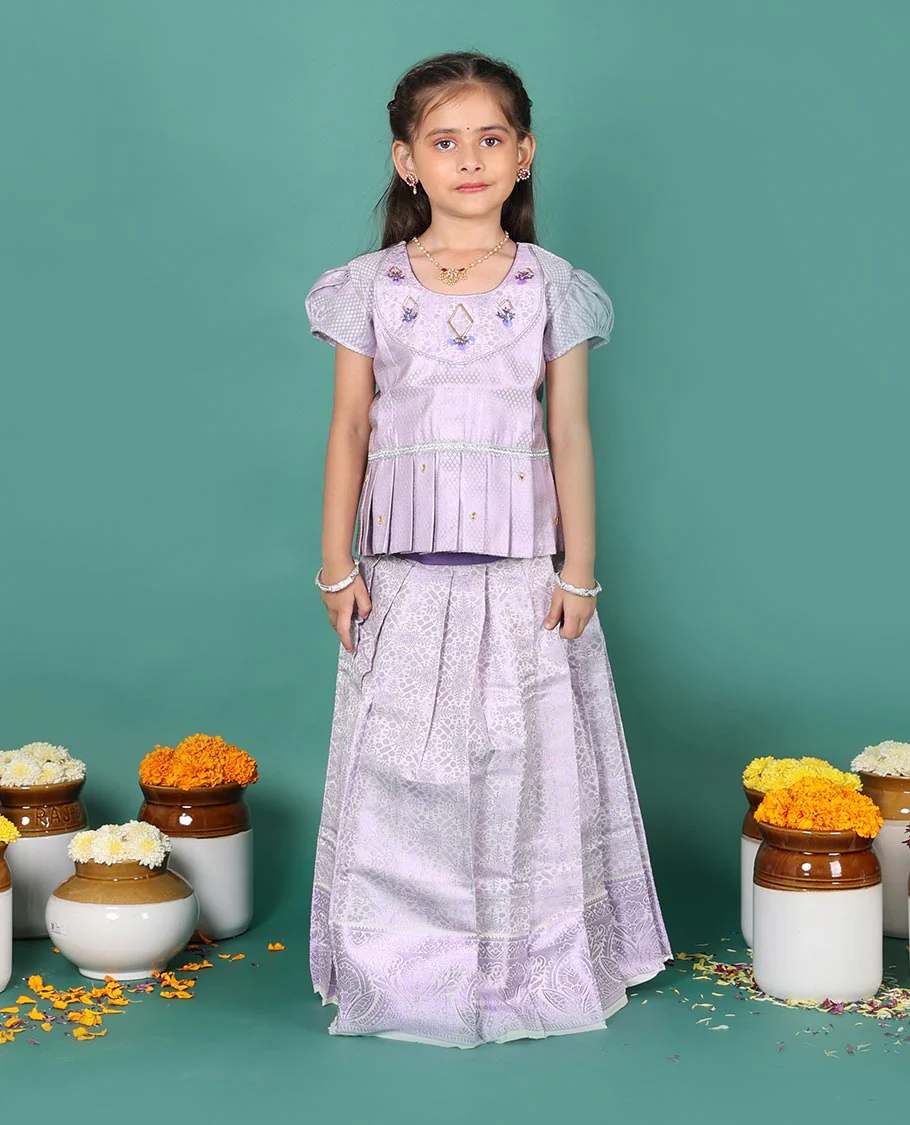 Lavender art silk readymade pavadai set, jacquard with traditional zari border skirt, and jacquard embroidered puff-sleeve blouse - Image 4