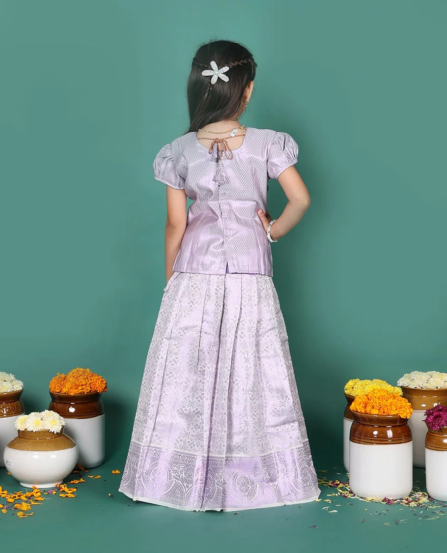 Lavender art silk readymade pavadai set, jacquard with traditional zari border skirt, and jacquard embroidered puff-sleeve blouse - Image 5