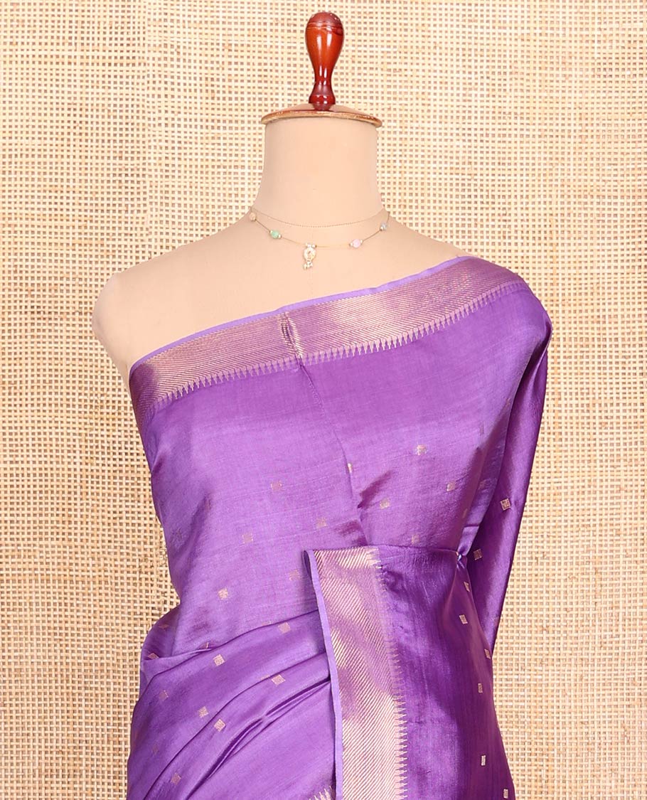 Lavender Banana Pith Saree Embellished with Zari Buttas, Temple Border of Zari Designs, Subtle Pallu of Zari Designs, and Paired with a Matching Blouse - Image 2