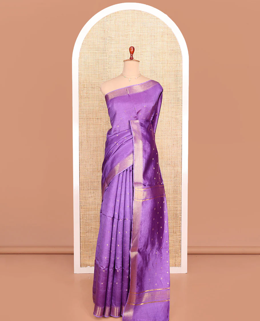 Lavender Banana Pith Saree Embellished with Zari Buttas, Temple Border of Zari Designs, Subtle Pallu of Zari Designs, and Paired with a Matching Blouse - Image 3