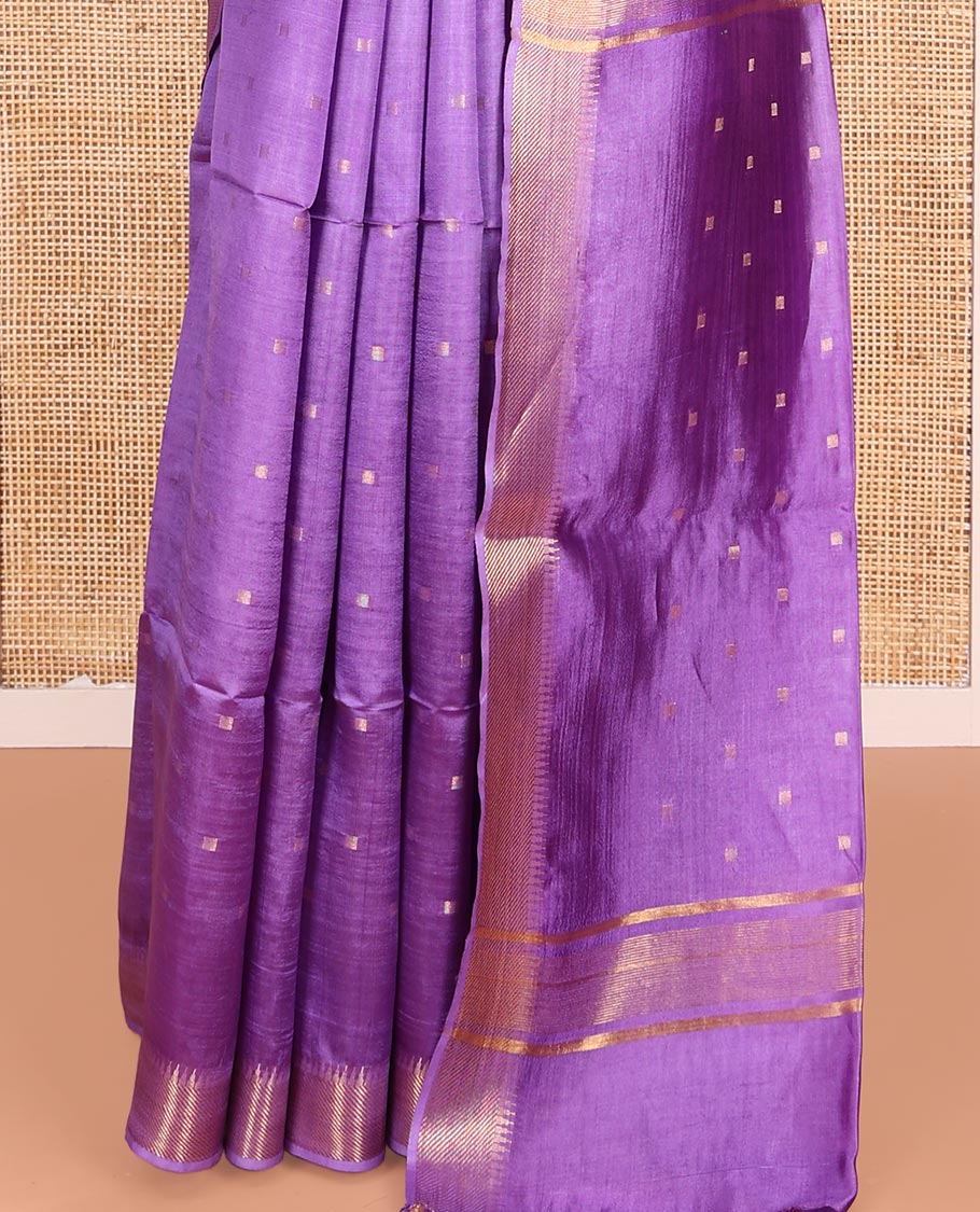Lavender Banana Pith Saree Embellished with Zari Buttas, Temple Border of Zari Designs, Subtle Pallu of Zari Designs, and Paired with a Matching Blouse - Image 4