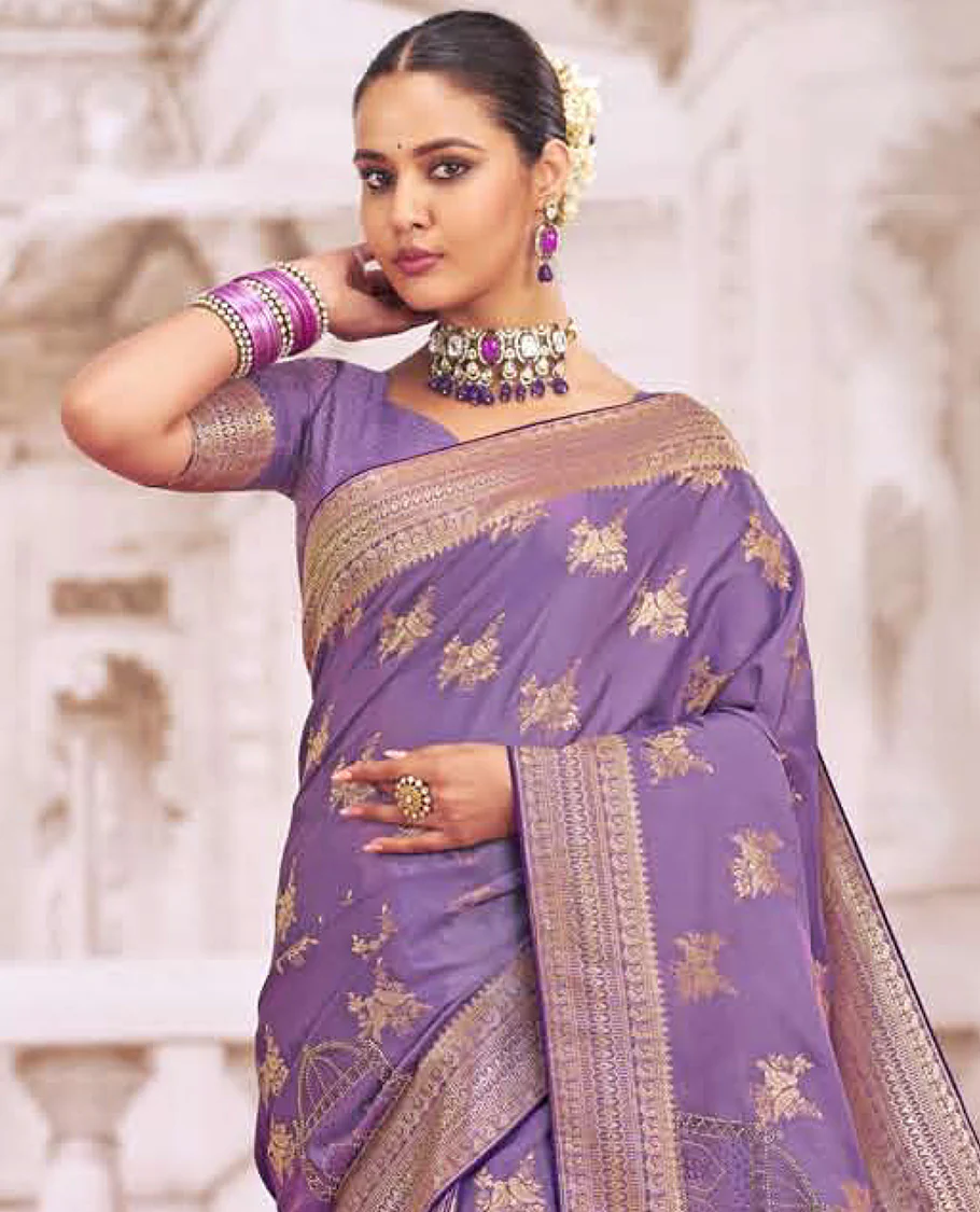 Lavender buttas designer catalog saree, traditional design border, and intricate pallu - Image 2