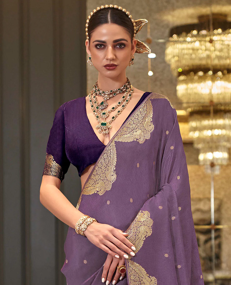 Lavender buttas designer saree, peacock motifs border, and pallu of peacock and intricate designs - Image 2