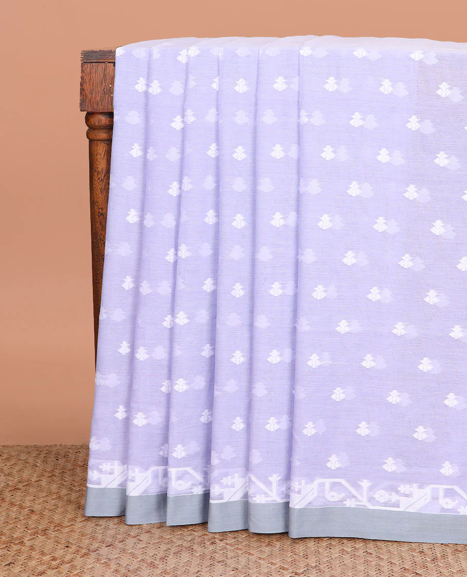 Lavender buttas woven Khadi cotton saree, contrast jamdani floral border, and jamdani-style floral creeper woven pallu