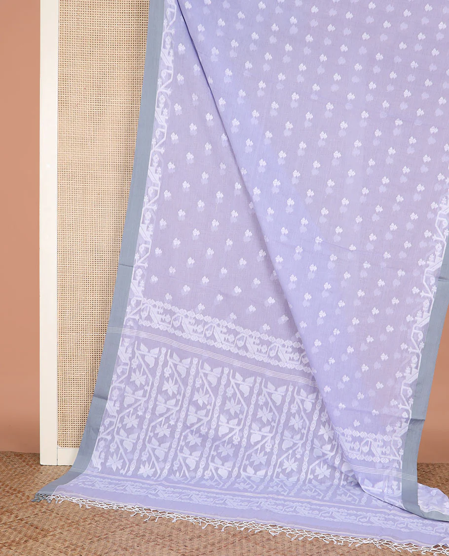 Lavender buttas woven Khadi cotton saree, contrast jamdani floral border, and jamdani-style floral creeper woven pallu - Image 2