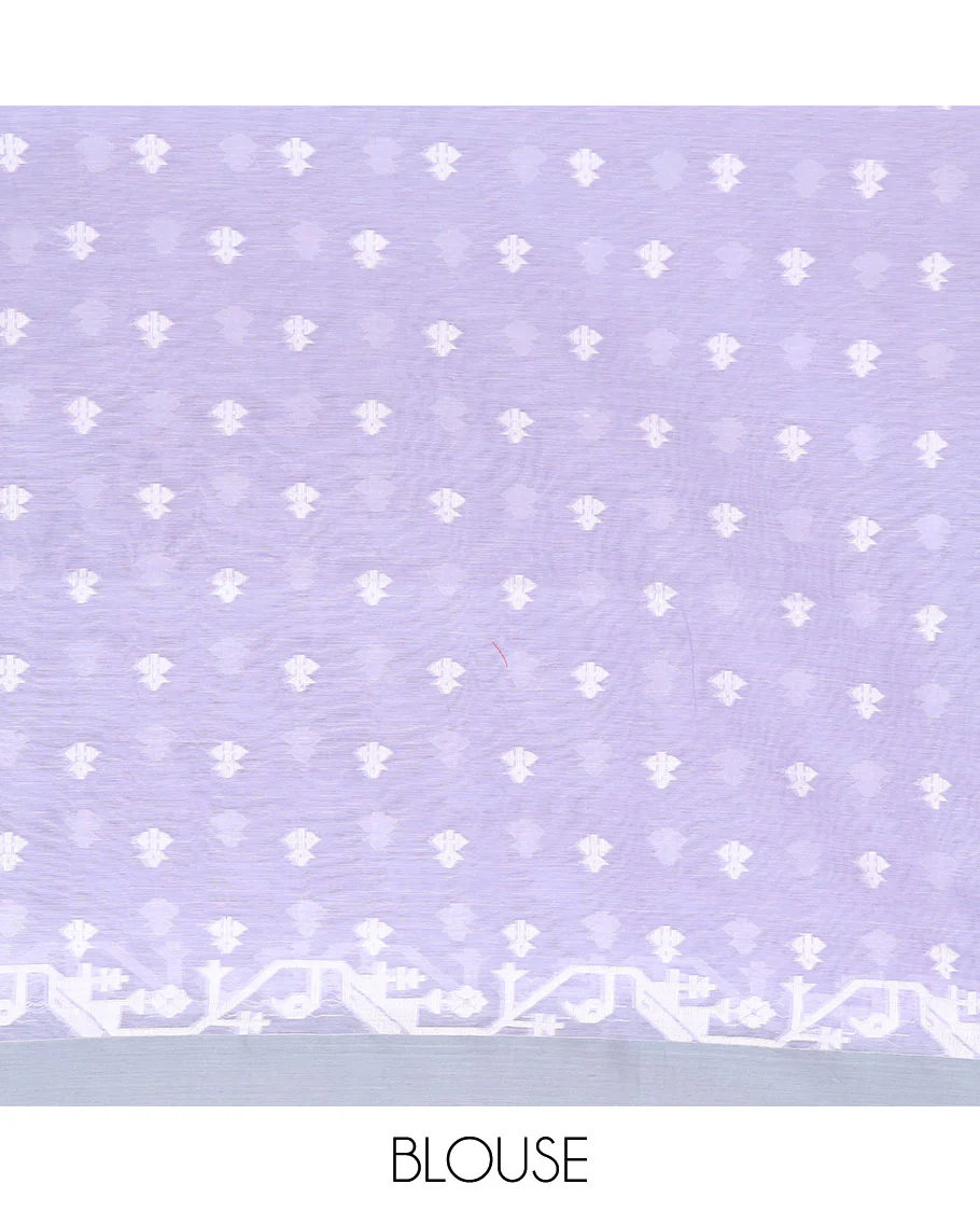 Lavender buttas woven Khadi cotton saree, contrast jamdani floral border, and jamdani-style floral creeper woven pallu - Image 3