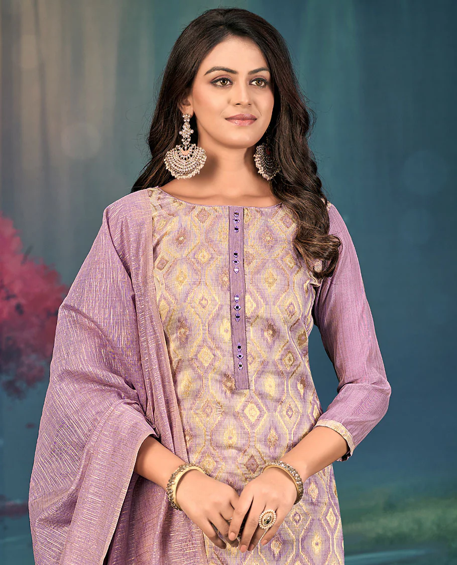 Lavender churidar material set, diamond patterned and mirror embroidered top, plain bottom, and geometric patterned dupatta - Image 2
