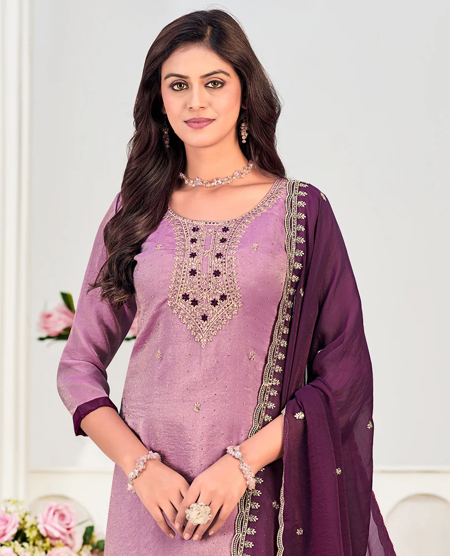 Lavender churidar material set, neck embroidered with stone work top, contrast plain bottom, and scallop embroidered dupatta - Image 2