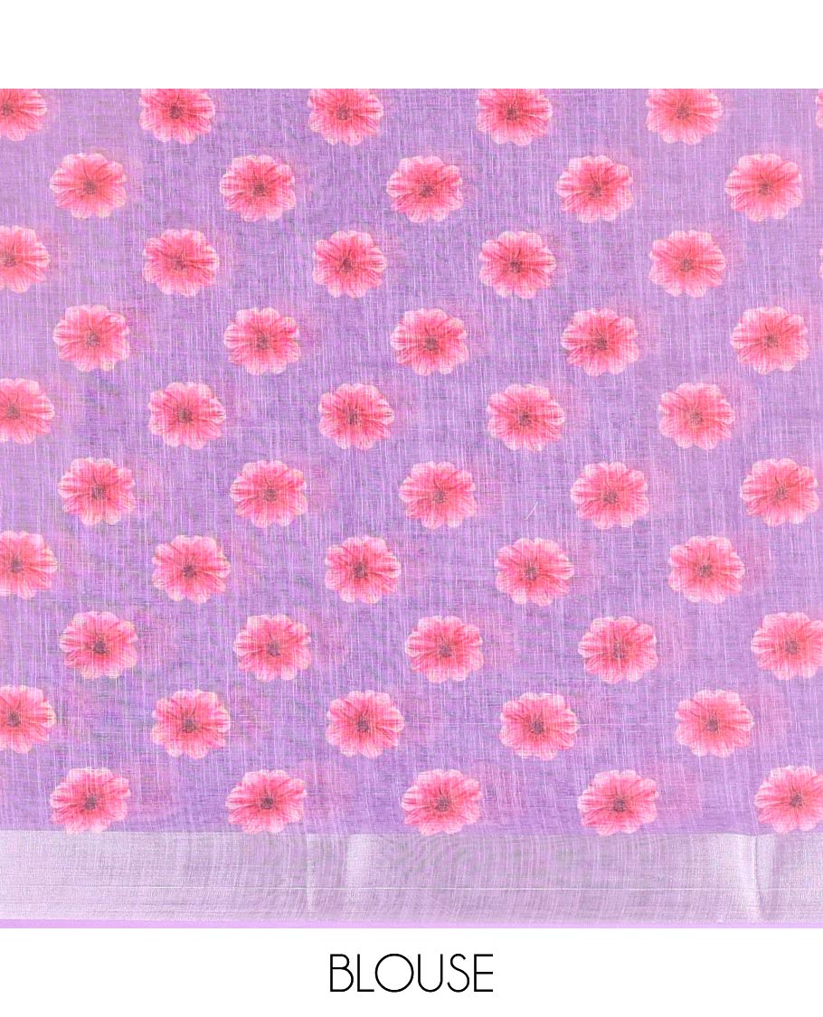 Lavender daisy floral printed linen cotton saree, silver zari bavanji border, daisy floral printed pallu, and a printed blouse - Image 3