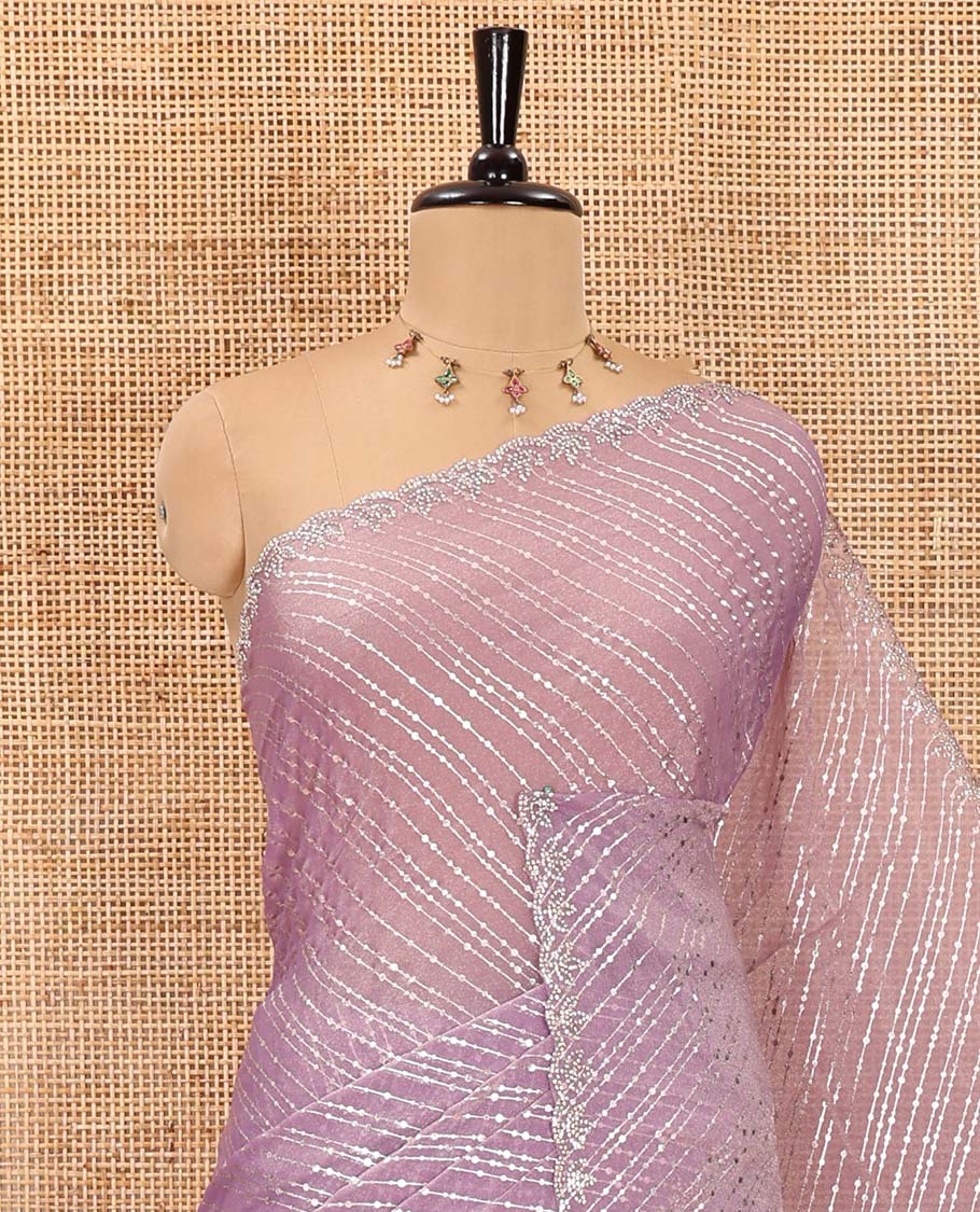 Lavender diagonal striped foli printed shimmer chiffon saree, scallop jarkan stone work border, self-pallu, and plain blouse - Image 2