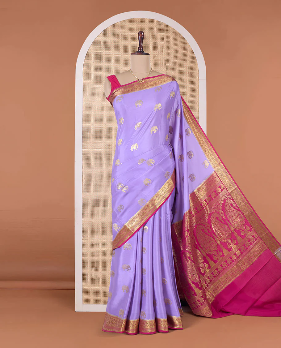 Lavender elephant motifs woven Mysore silk saree, contrast traditional zari border, and pallu of big paisley designs - Image 2