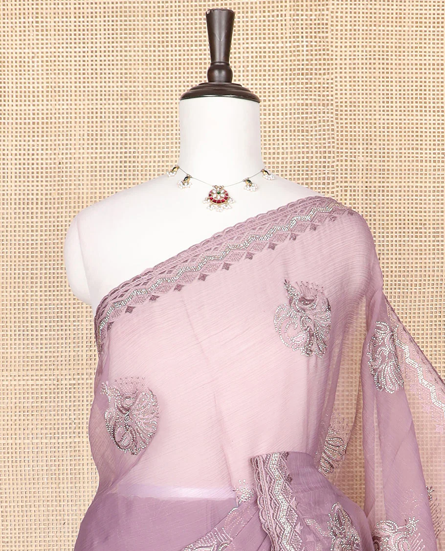 Lavender embroidered designer saree features peacock motifs in micro-stone, scallop thread & stone embroidery border - Image 2