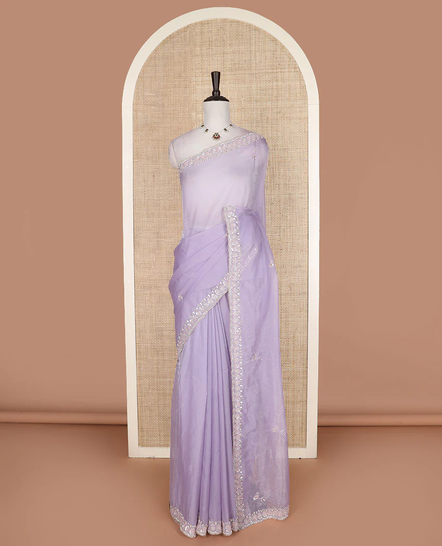 Lavender embroidered motifs woven designer saree, embroidered scallop border - Image 2