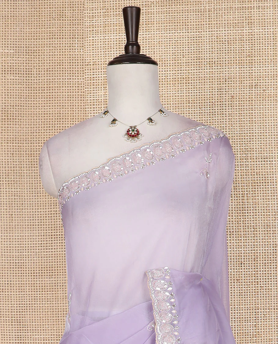 Lavender embroidered motifs woven designer saree, embroidered scallop border - Image 3