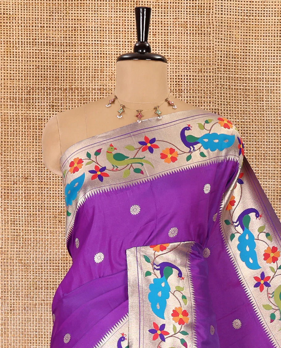 Lavender floral buttas art silk paithani saree, contrast floral creeper and peacock design border, pallu of peacock and floral vine, and a matching blouse - Image 2