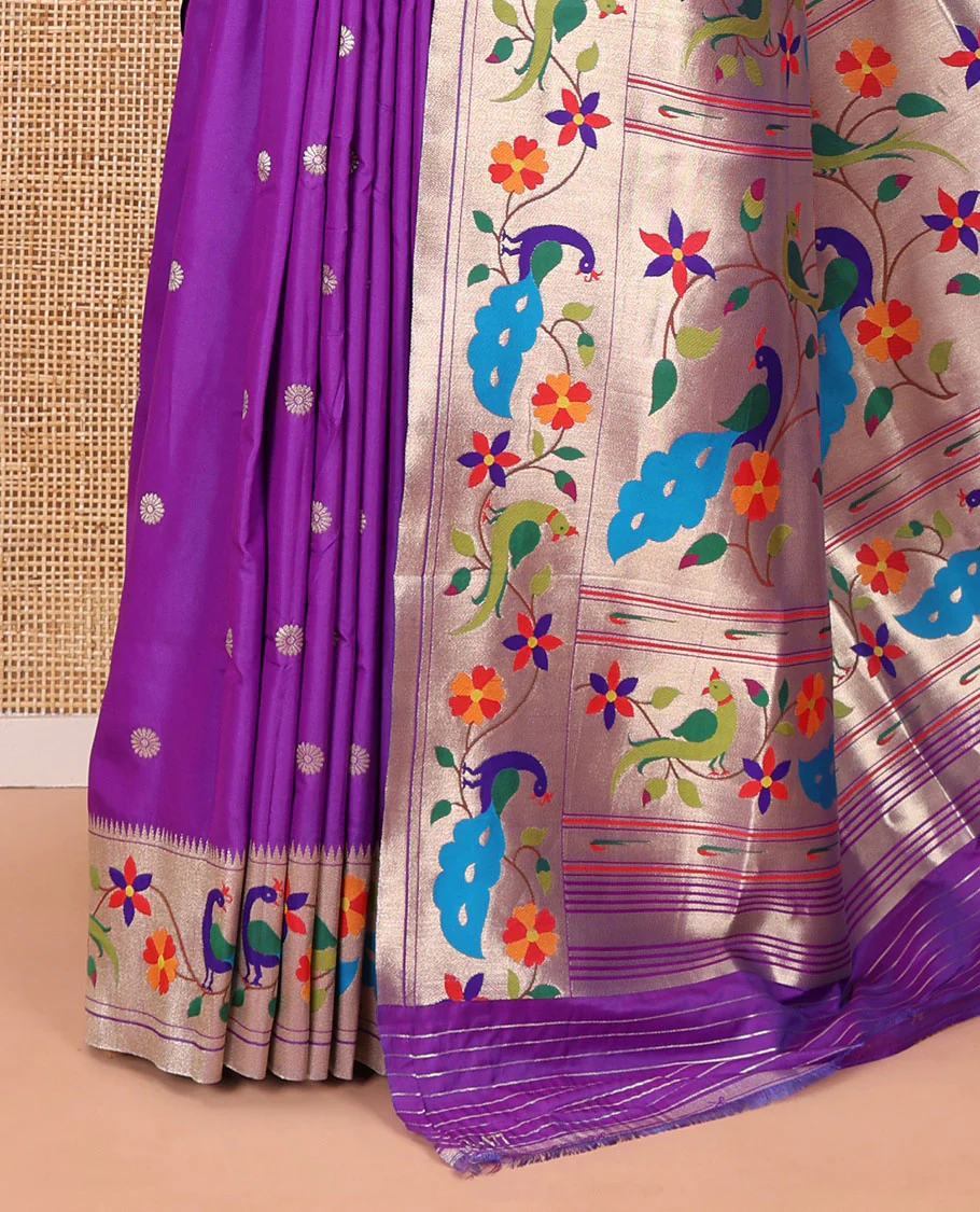 Lavender floral buttas art silk paithani saree, contrast floral creeper and peacock design border, pallu of peacock and floral vine, and a matching blouse - Image 3
