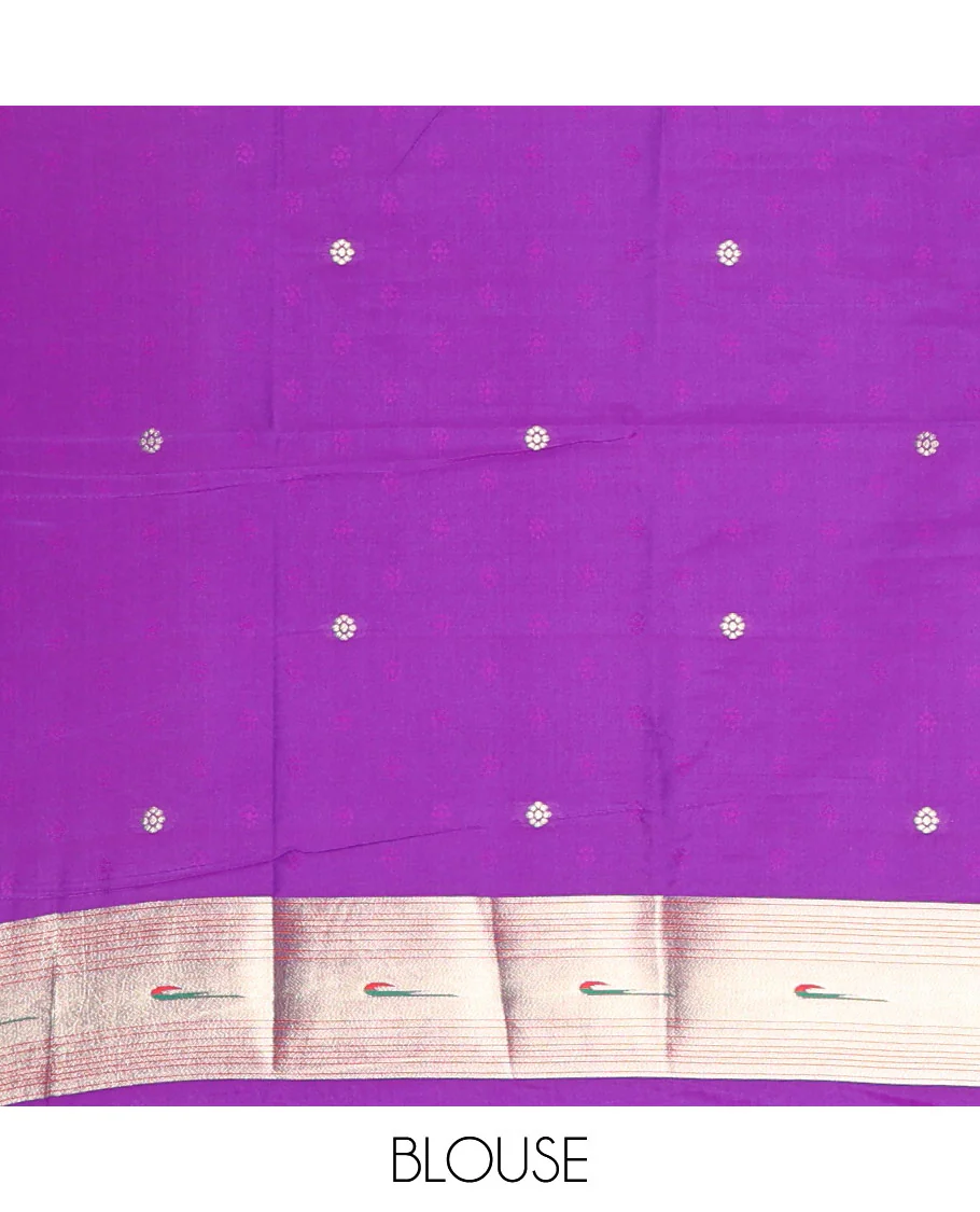 Lavender floral buttas art silk paithani saree, contrast floral creeper and peacock design border, pallu of peacock and floral vine, and a matching blouse - Image 4