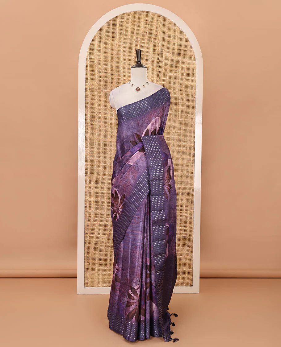 Lavender floral-leaf eco-digital printed fancy tussar saree, zari border, pallu of dobby-style buttas & matching blouse of print & zari work - Image 2