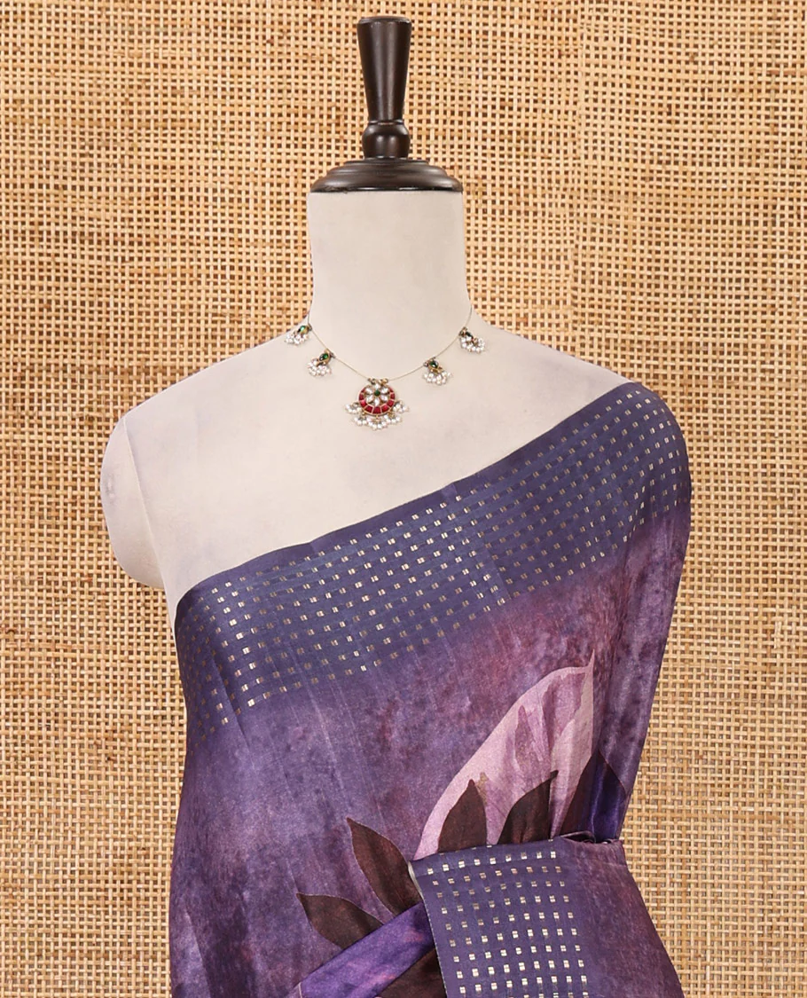 Lavender floral-leaf eco-digital printed fancy tussar saree, zari border, pallu of dobby-style buttas & matching blouse of print & zari work - Image 3