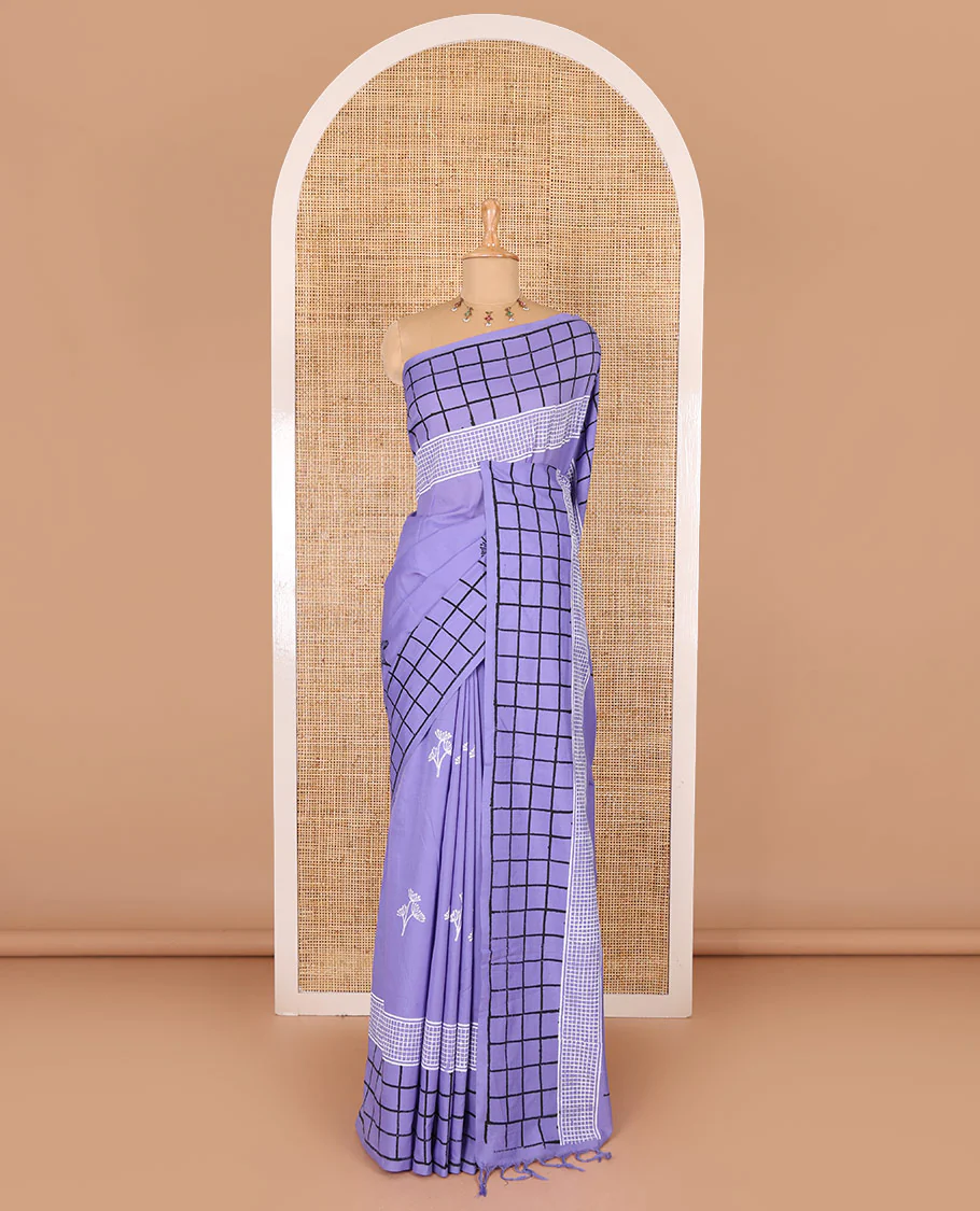 Lavender floral motifs printed South cotton saree, checks block printed border, a matching blouse, and a contrast paisley vine block printed blouse - Image 2