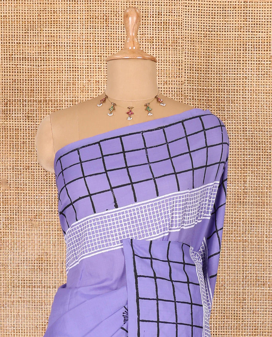 Lavender floral motifs printed South cotton saree, checks block printed border, a matching blouse, and a contrast paisley vine block printed blouse - Image 3