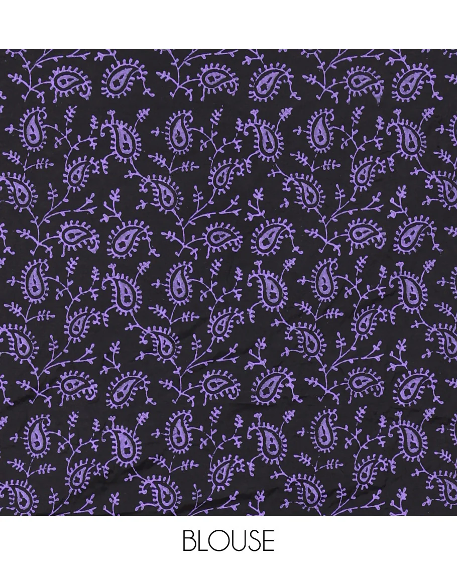 Lavender floral motifs printed South cotton saree, checks block printed border, a matching blouse, and a contrast paisley vine block printed blouse - Image 4