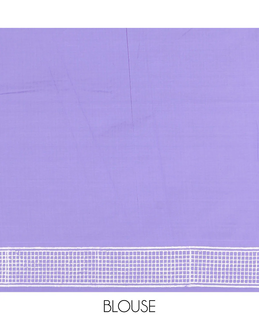 Lavender floral motifs printed South cotton saree, checks block printed border, a matching blouse, and a contrast paisley vine block printed blouse - Image 5