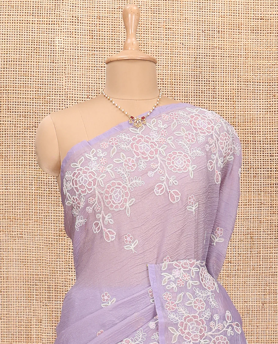 Lavender floral motifs thread embroidered tissue saree, floral vine embroidered border and pallu - Image 3