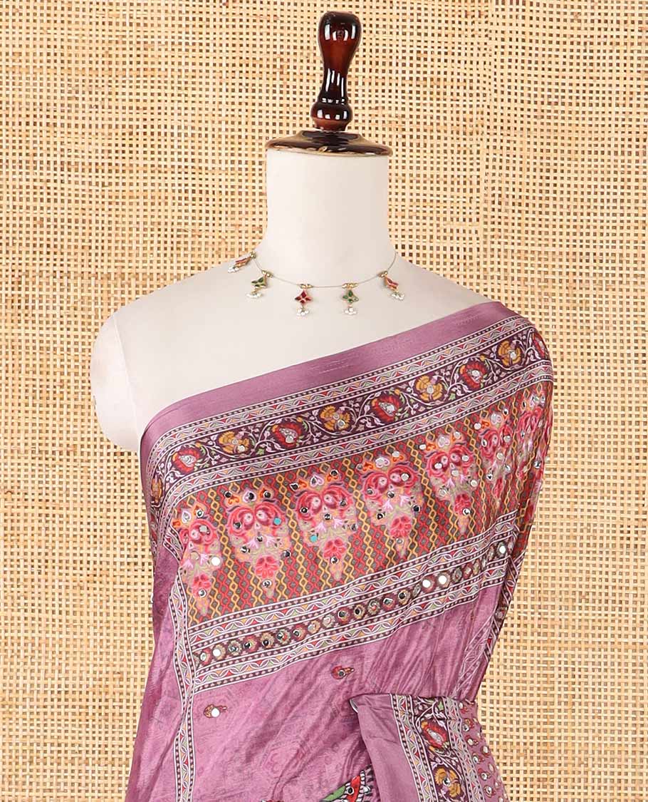 Lavender floral print & mirror embroidery masakali saree,self-border & pallu of print & mirror work, floral printed blouse - Image 3