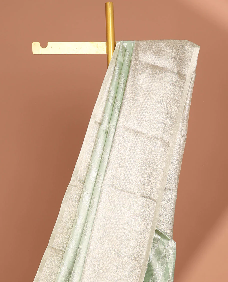 Green striped floral design kancheepuram tissue silk saree with self traditional zari border & intricate zari pallu - Image 3