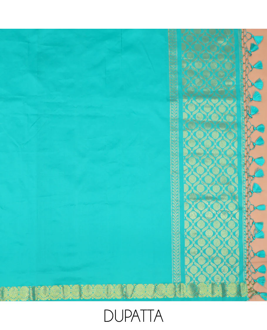 Lavender jacquard art silk half-saree saree with contrast traditional bordered skirt, contrast jacquard blouse, and a contrast jaal patterned dhavani - Image 3