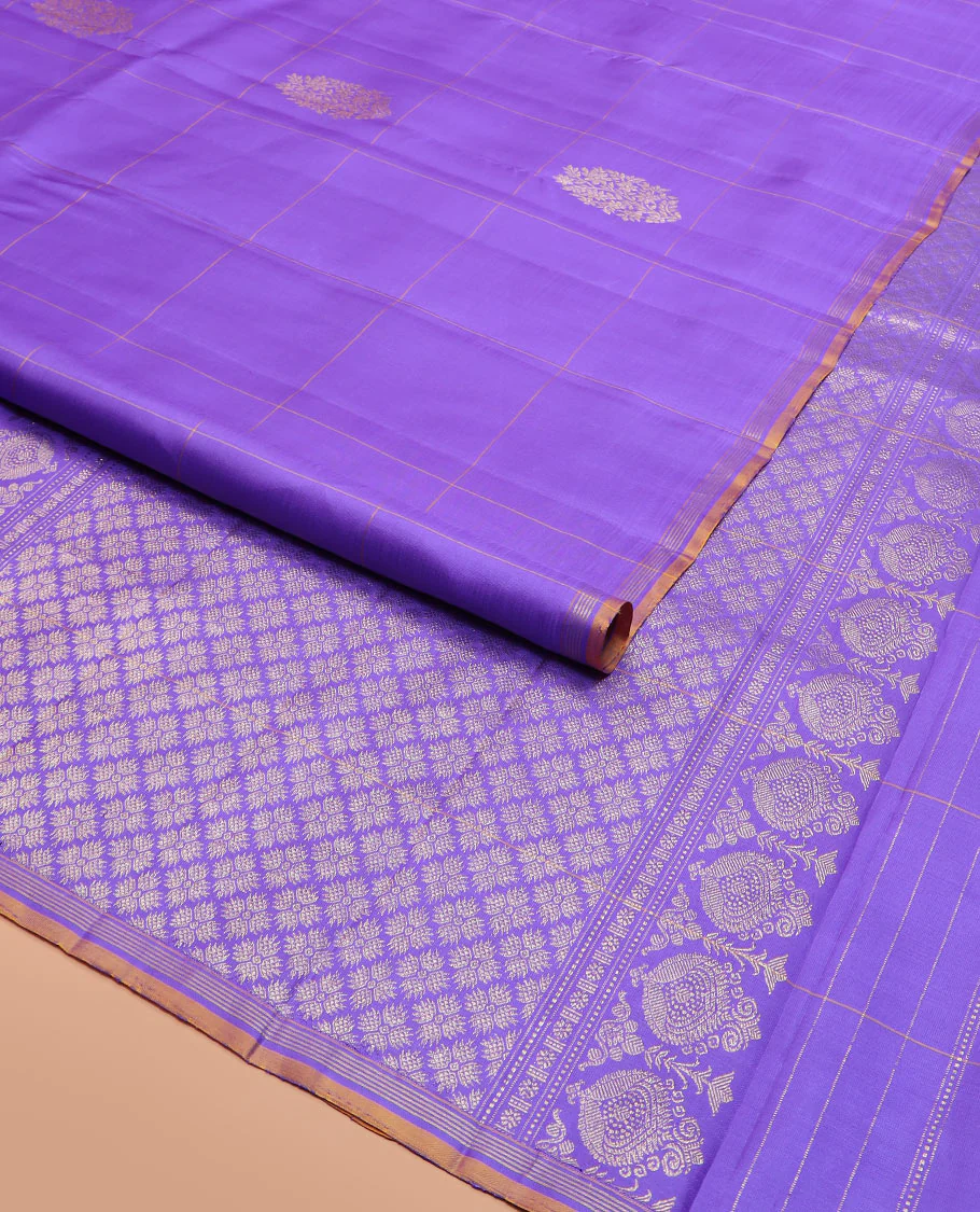 Lavender Kanchipuram Silk Saree Featuring Buttas Enclosed Checks, Adorned with a Contrast Piping Border, Zari Elevated Pallu of Jaal Design, and Paired with a Matching Checked Blouse - Image 2