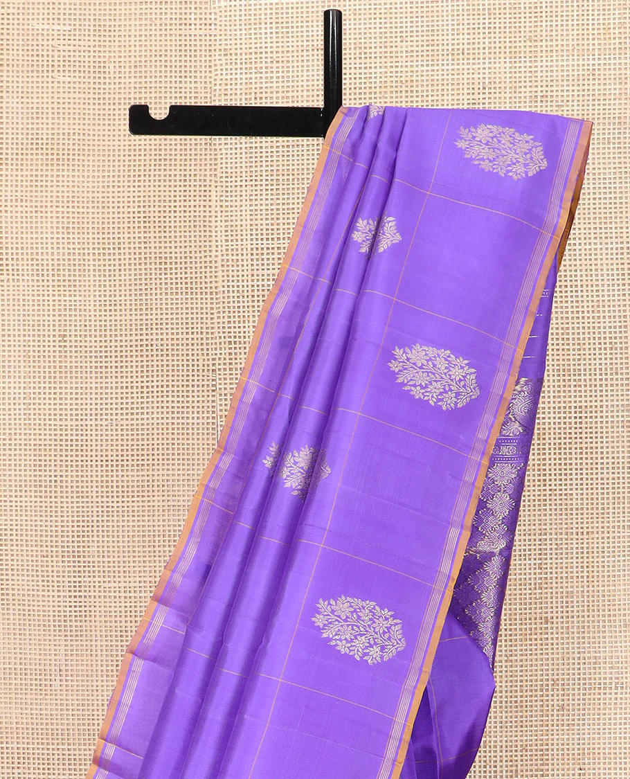 Lavender Kanchipuram Silk Saree Featuring Buttas Enclosed Checks, Adorned with a Contrast Piping Border, Zari Elevated Pallu of Jaal Design, and Paired with a Matching Checked Blouse - Image 3