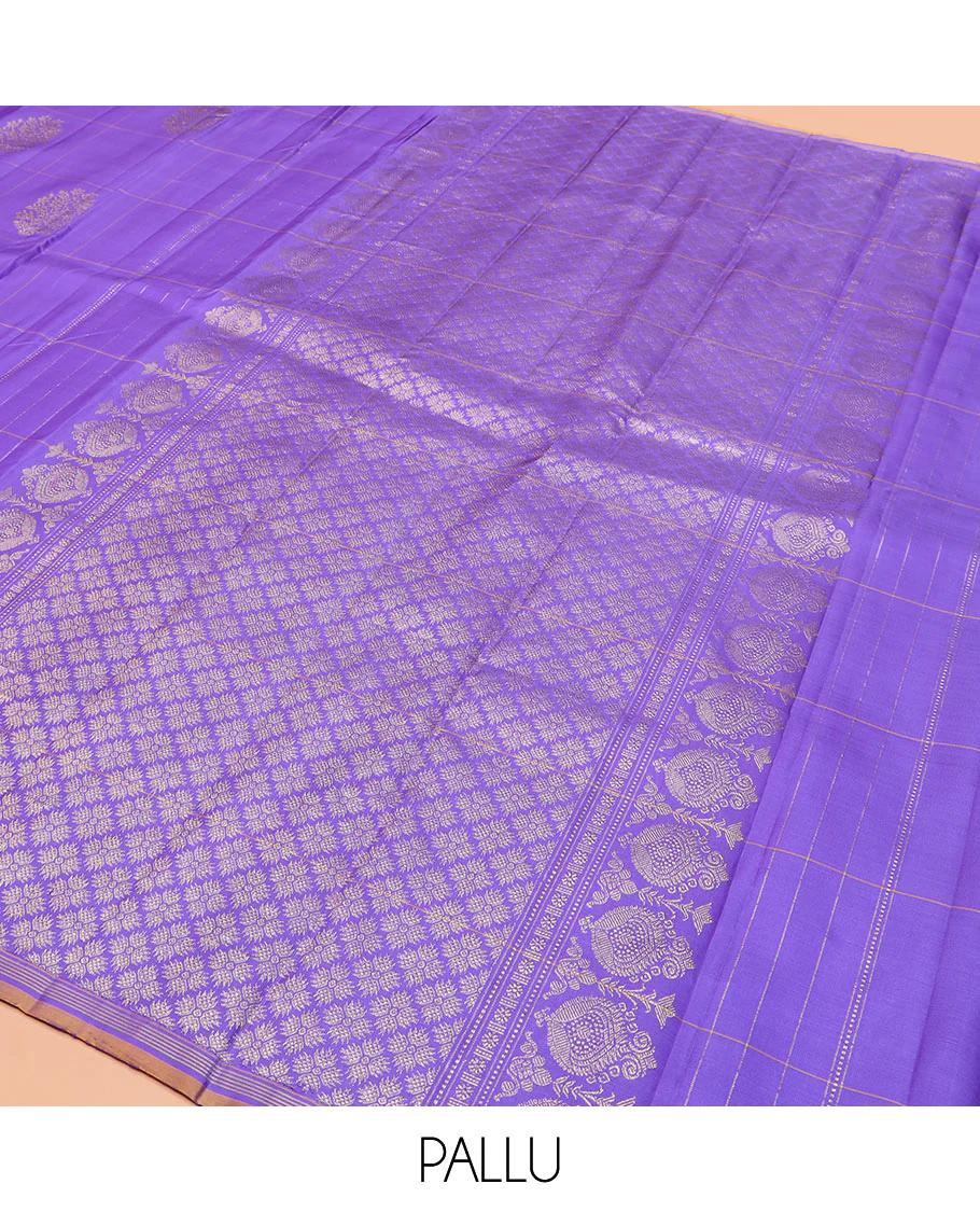 Lavender Kanchipuram Silk Saree Featuring Buttas Enclosed Checks, Adorned with a Contrast Piping Border, Zari Elevated Pallu of Jaal Design, and Paired with a Matching Checked Blouse - Image 5