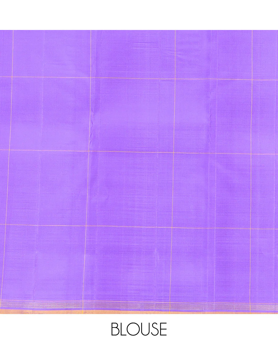 Lavender Kanchipuram Silk Saree Featuring Buttas Enclosed Checks, Adorned with a Contrast Piping Border, Zari Elevated Pallu of Jaal Design, and Paired with a Matching Checked Blouse - Image 6