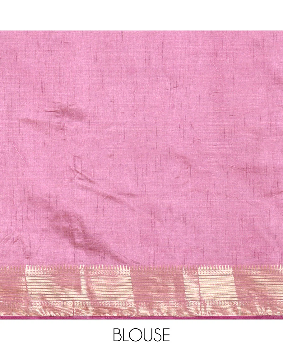 Lavender lotus-leaf style printed semi-tussar saree, traditional zari border, zari striped pallu, and a matching blouse - Image 3