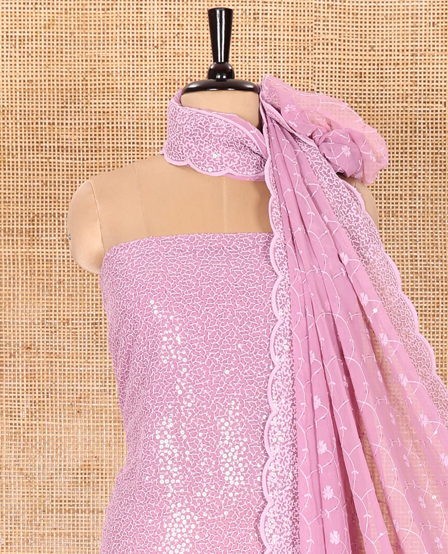 Lavender Material Chudidar Set Features Sequin Embroidered Georgette Top, a Plain American Crepe Bottom, and a Scallop Dupatta Embellished with Floral Vine Embroidery - Image 3
