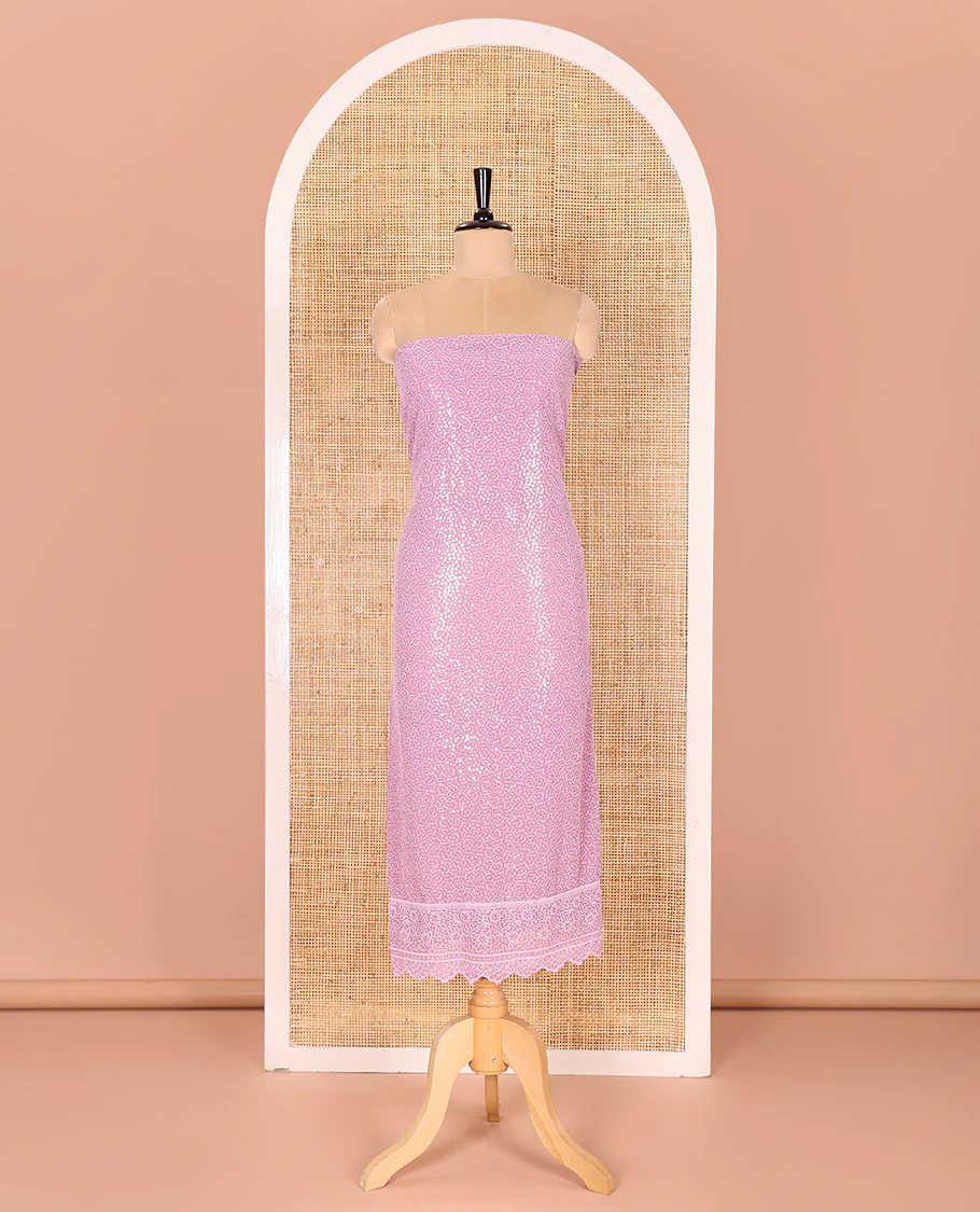 Lavender Material Chudidar Set Features Sequin Embroidered Georgette Top, a Plain American Crepe Bottom, and a Scallop Dupatta Embellished with Floral Vine Embroidery - Image 4