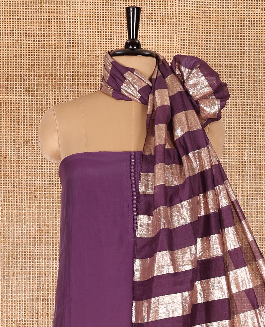 Lavender material chudidar set, plain with pom-pom tasseled mul chanderi top, a matching bottom, and organza dupatta of stripes - Image 4